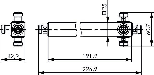 Rysunek techniczny cylindra z dokładnymi wymiarami. Przedstawia długość, szerokość, złącza oraz pozycje.