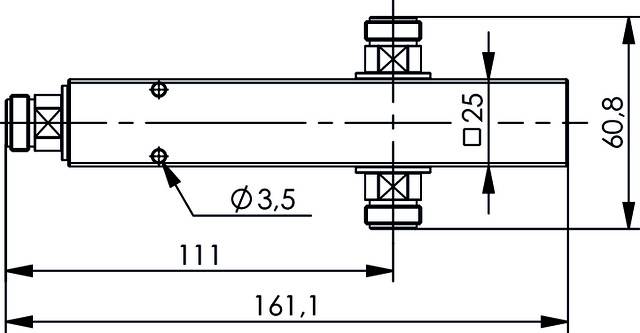 Rysunek techniczny elementu z wymiarami: długość całkowita 161,1 mm, szerokość 60,8 mm, średnica otworu 3,5 mm, odległości 111 mm i 25 mm.