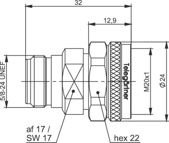 Rysunek techniczny złącza z wymiarami podanymi w milimetrach. Zawiera szczegóły takie jak '5/8-24 UNEF' oraz 'M20x1'.