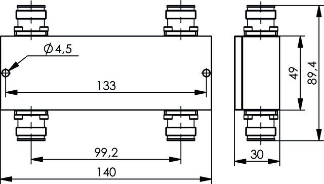 Rysunek techniczny prostokątnego elementu o wymiarach: długość 133 mm, szerokość 89,4 mm oraz dwa połączenia u góry.