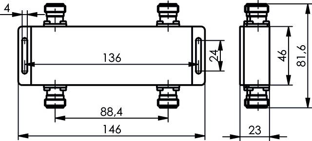 Rysunek techniczny prostokątnego elementu z czterema przyłączami. Wymiary: 146 mm długości, 81,6 mm wysokości.