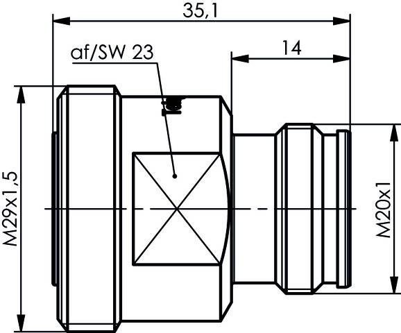 Rysunek techniczny nakrętki złącznej o następujących parametrach: długość 35,1 mm, szerokość 14 mm, gwint M29x1,5 i M20x1, rozstaw klucza SW 23.