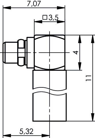 Rysunek techniczny złączki kątowej z wymiarami: wysokość całkowita 11 mm, szerokość 7,07 mm, pozostałe wymiary 3,5 mm, 4 mm i 5,32 mm.