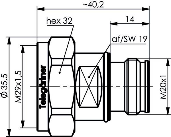 Rysunek techniczny złącza metalowego z różnymi wymiarami w milimetrach, włączając średnicę i parametry gwintów.