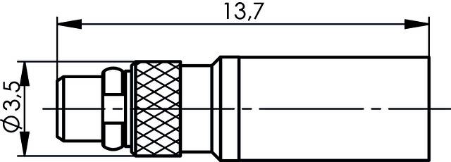 Rysunek techniczny cylindrycznego złącza metalowego. Długość: 13,7 mm, średnica: 3,5 mm. Zawiera wzór kratki dla poprawy uchwytu.