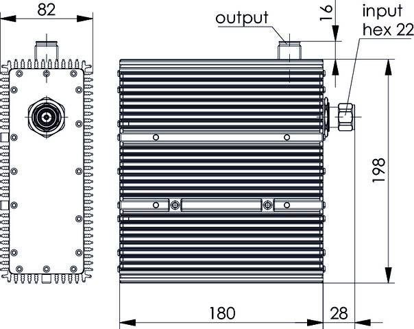 Rysunek techniczny prostokątnego radiatora z wymiarami: szerokość 82, wysokość 198, głębokość 180 mm. Oznaczone wejścia i wyjścia.