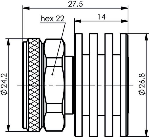 Rysunek techniczny śruby z wymiarami: długość całkowita 27,5, sześciokąt 22, średnica 24,2 i 26,8, szerokość 14.