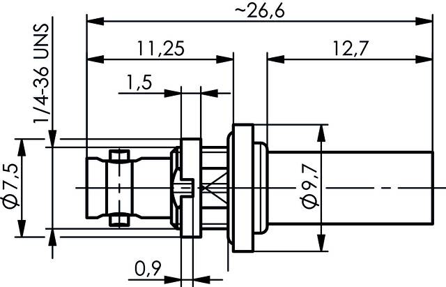 Rysunek techniczny złącza z następującymi wymiarami: średnica 7,5 mm i 9,7 mm, długość ok. 26,6 mm, gwint 1/4-36 UNS.