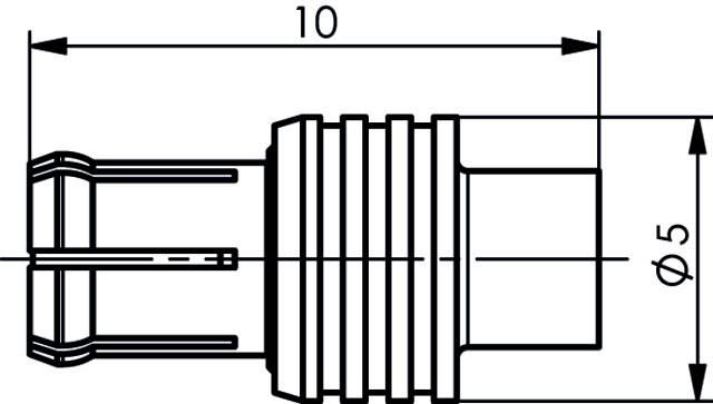 Rysunek techniczny cylindrycznego wtyczki. Szerokość wynosi 10 jednostek, średnica 5 jednostek. Przedstawia szczegółową strukturę.