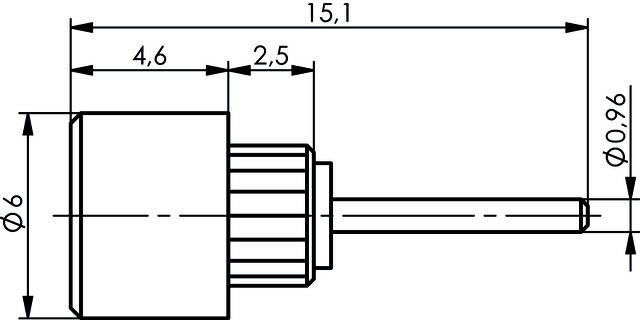 Rysunek techniczny elementu cylindrycznego z wymiarami: całkowita długość 15,1 mm, średnica 6 mm, średnica pręta 0,96 mm.