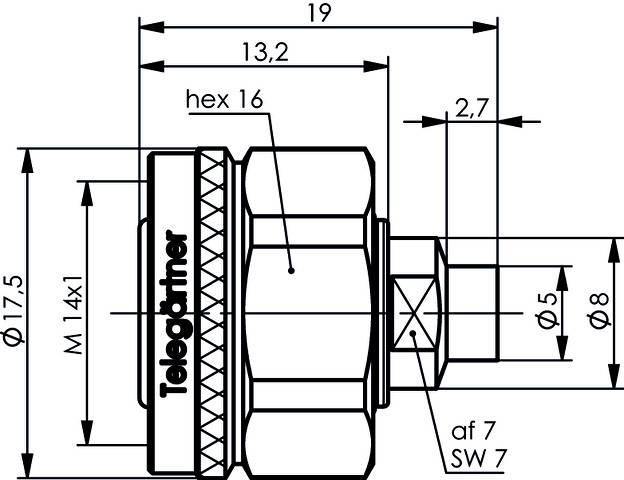 Rysunek techniczny elementu złącznego z wymiarami: długość całkowita 19 mm, średnica 17,5 mm, sześciokąt 16 mm, różne szczegóły gwintu.