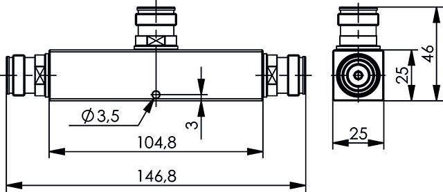 Rysunek techniczny prostokątnego elementu z wieloma wymiarami i przyłączami. Główne wymiary: 146,8 mm i 104,8 mm.