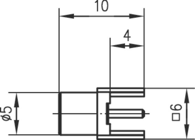 Rysunek techniczny elementu z wymiarami: długość 10 mm, szerokość 4 mm, średnica 5 mm, szerokość boczna 6 mm.