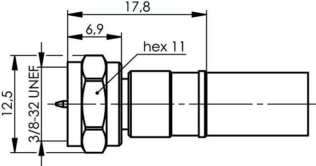 Rysunek techniczny złącza z podanymi wymiarami: długość 17,8 mm, szerokość 12,5 mm, gwint 3/8-32 UNEF, sześciokąt 11 mm.