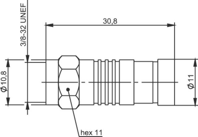 Rysunek techniczny elementu cylindrycznego. Wymiary: długość 30,8 mm, średnica 10,8 mm i 11 mm. Gwint 3/8-32 UNEF. Sześciokąt 11 mm.