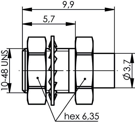 Rysunek techniczny sześciokątnego złącza z wymiarami: długość 9,9 mm, szerokość 5,7 mm, sześciokąt 6,35 mm, gwint 10-48 UNS.