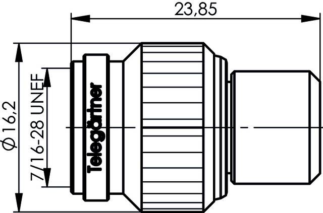 Rysunek techniczny złącza kablowego o następujących wymiarach: długość 23,85 mm, średnica 16,2 mm, gwint: 7/16-28 UNEF.