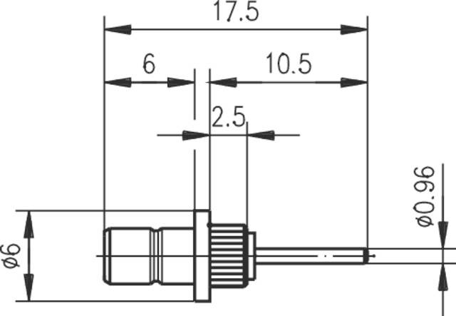 Rysunek techniczny złącza elektrycznego z wymiarowaniem: długość całkowita 17,5 mm, średnica 6 mm. Główne elementy oznaczone.
