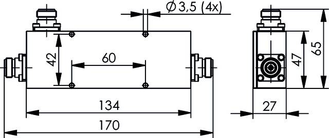 Rysunek techniczny elementu z wymiarami: 170 mm długości, 65 mm wysokości, 27 mm szerokości. Średnica otworu 3,5 mm.