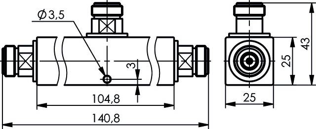 Rysunek techniczny elementu z wymiarami: Długość 140,8 mm, szerokość 25 mm, wysokość 43 mm, średnica 3,5 mm i 3 mm.