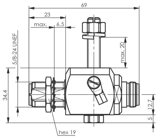 Rysunek techniczny zaworu z wymiarami: długość 69 mm, szerokość 34,4 mm. Przedstawiono podłączenia oraz regulację zaworu.