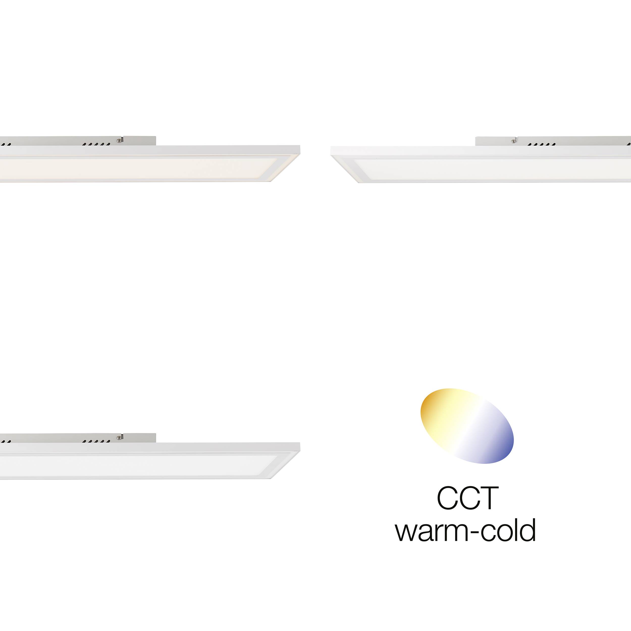 Panele LED na suficie wyświetlają różne temperatury barwowe światła. Po prawej stronie znajduje się diagram kolorów z napisem 'CCT ciepło-zimno'.