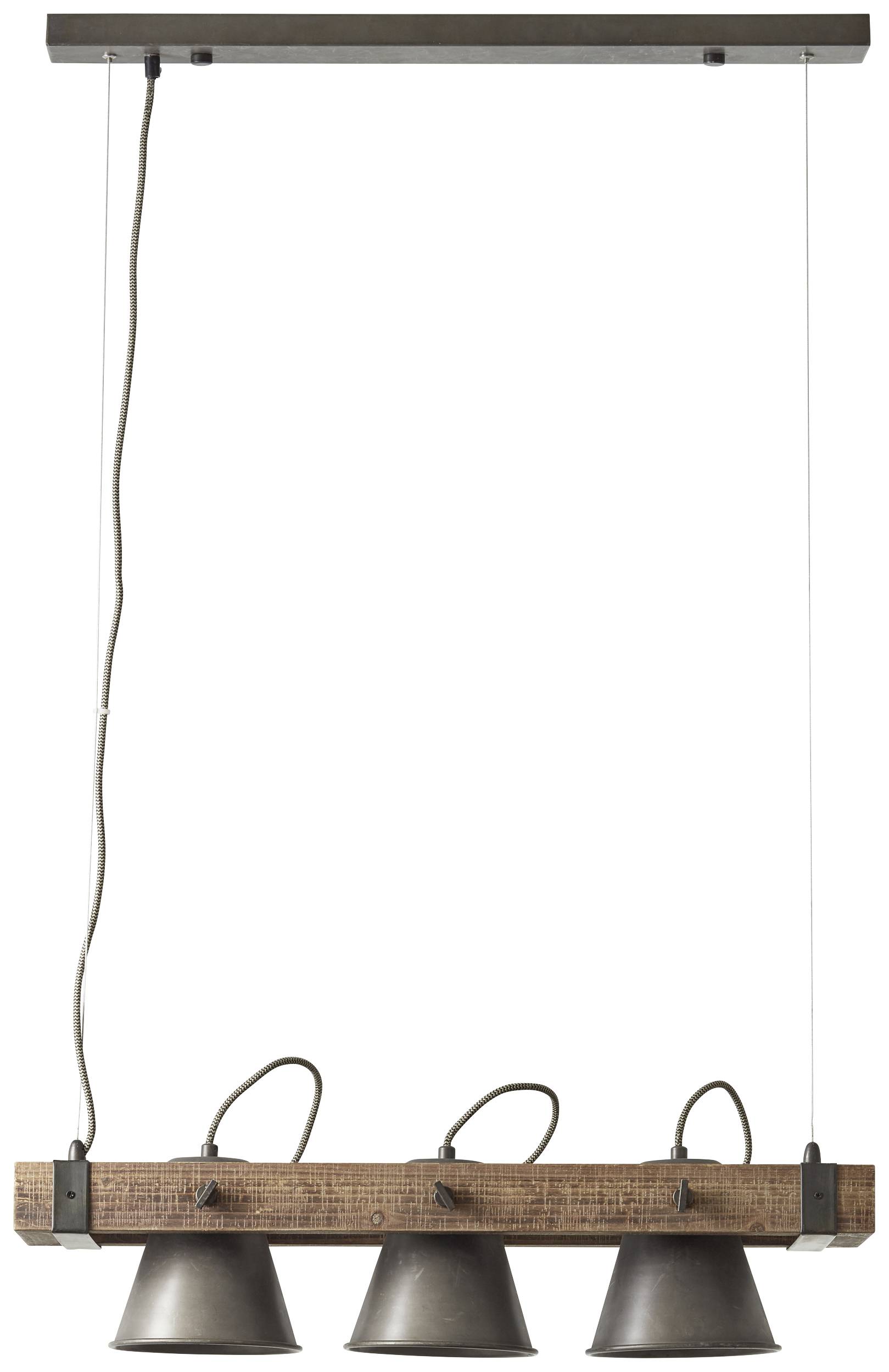 Lampa wisząca z trzema metalowymi kloszami oraz drewnianą belką, która zwiesza się na kablach z prostokątnego elementu sufitowego.