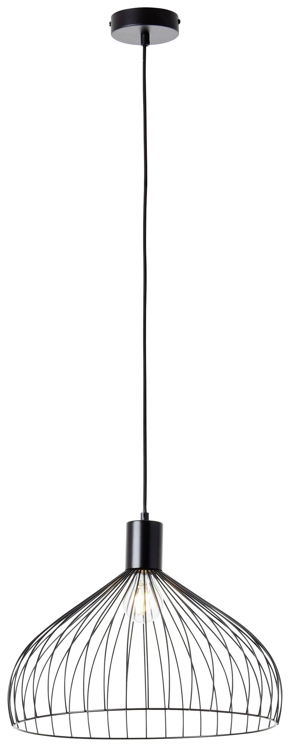 Czarna lampa wisząca z kloszem przypominającym splot druciany i widoczną żarówką, zawieszona suficie.