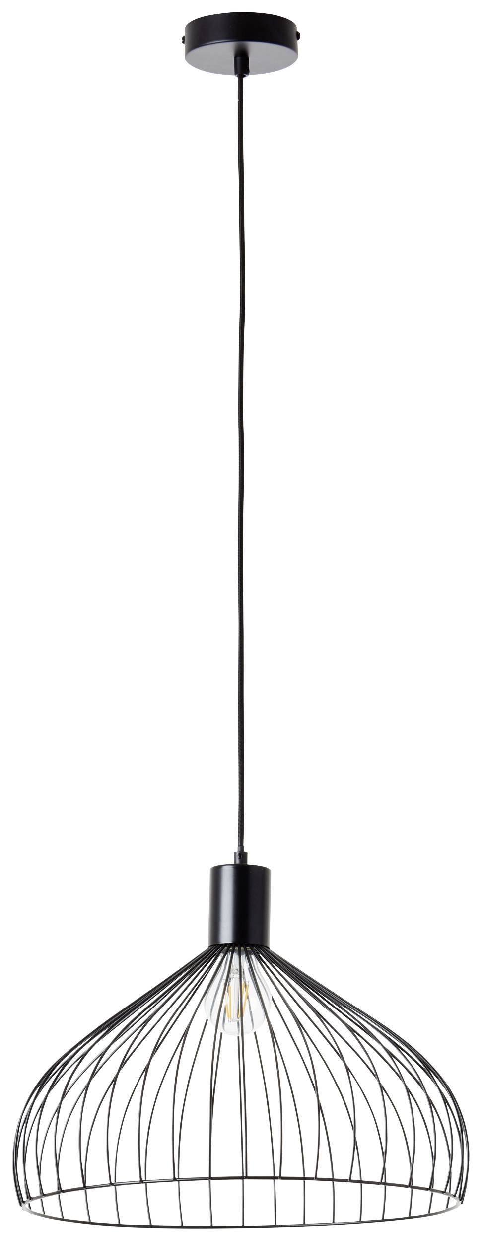 Czarna lampa wisząca z designem w kształcie metalowej klatki, zawieszona na długim przewodzie; minimalistyczny styl.