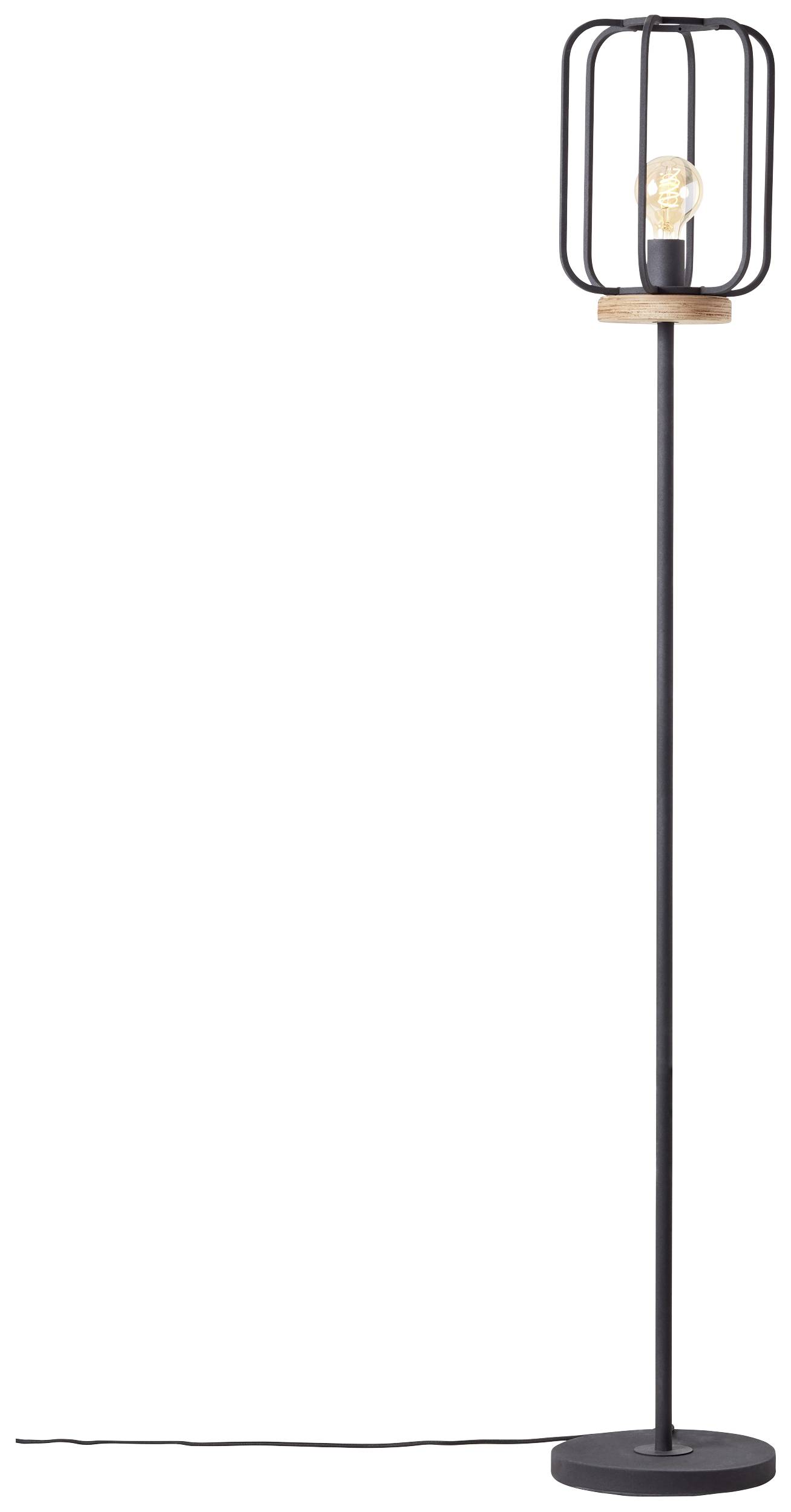 Lampa stojąca z czarną metalową ramą i widocznym stylem żarówki, stojąca na okrągłej podstawie, o nowoczesnym, minimalistycznym designie.