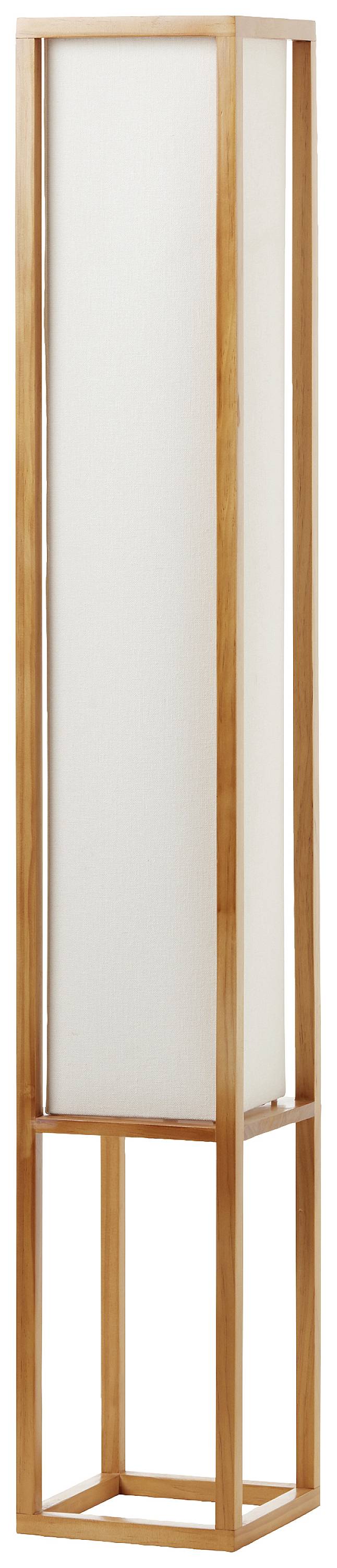 Lampa stojąca z prostokątną, drewnianą ramą w naturalnym kolorze oraz białym kloszem w nowoczesnym stylu. Idealna do salonu lub biura.