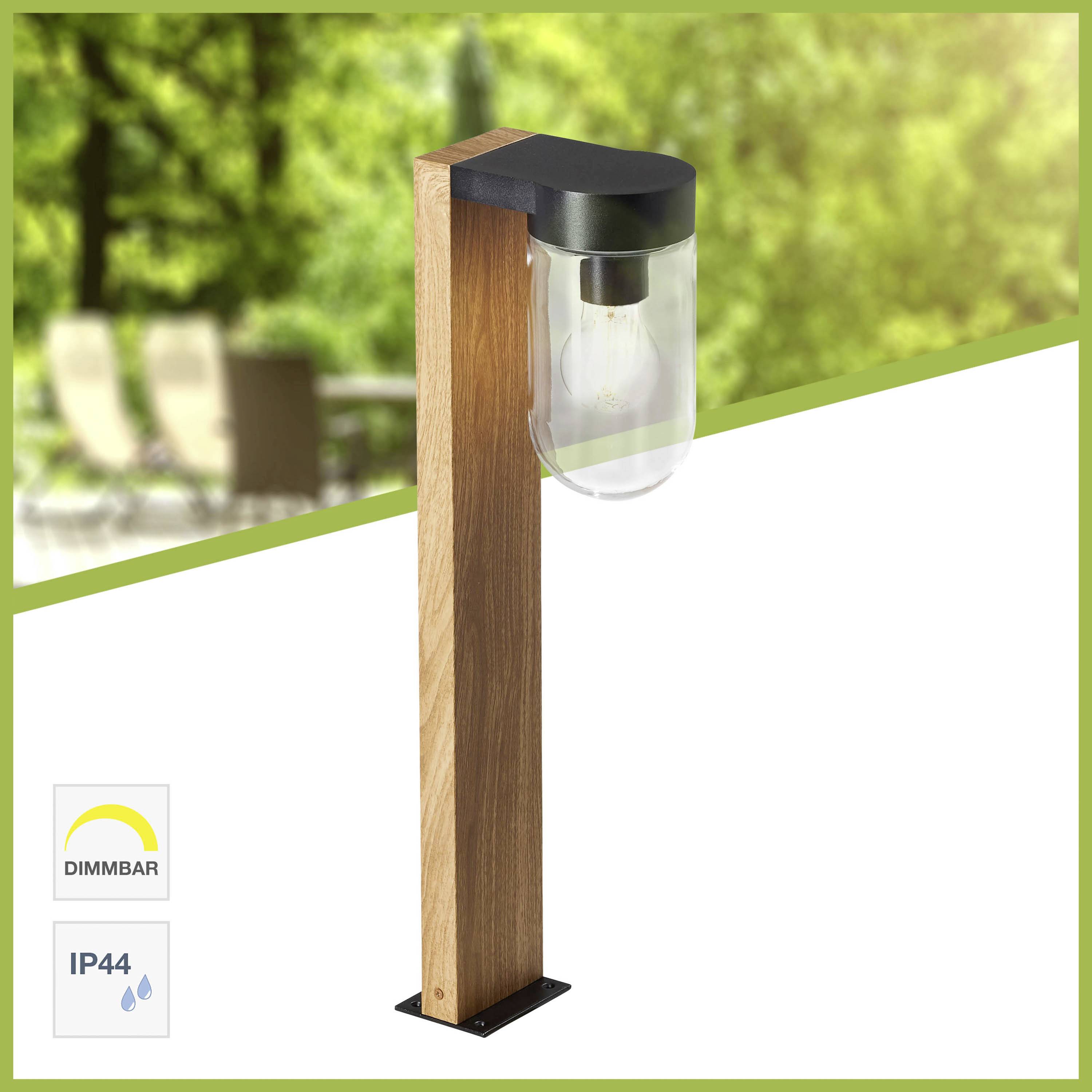 Lampa stojąca z drewna w ogrodzie z przezroczystym kloszem szklanym i czarną górną ramką, otoczona rozmytymi zielonymi roślinami w tle.