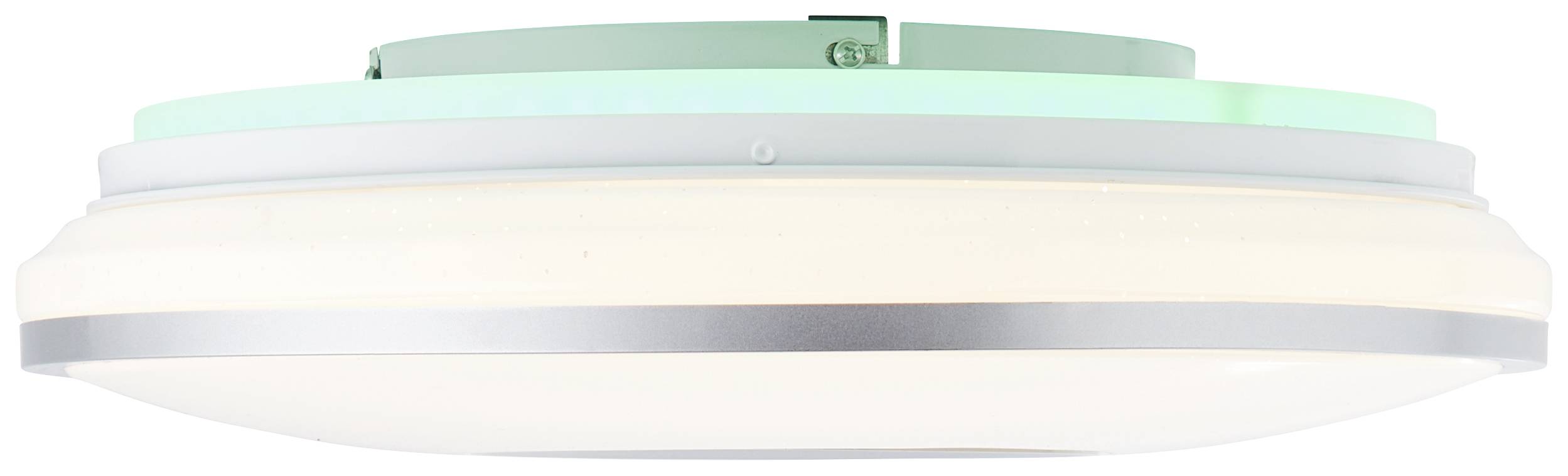 Okrągła, nowoczesna lampa sufitowa z białym, matowym kloszem i srebrną ramą. Idealna do oświetlenia salonu.