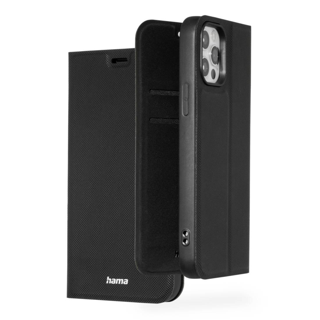 Czarne etui na smartfon z otworem na kamerę, ustawione na boku w pozycji otwartej. Widoczna marka 'hama'.
