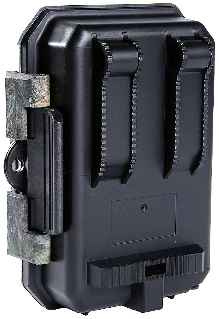 Kompaktowa, czarna kamera do obserwacji dzikiej przyrody z zamocowanym uchwytem z boku, idealna do dyskretnego monitoringu w terenie.