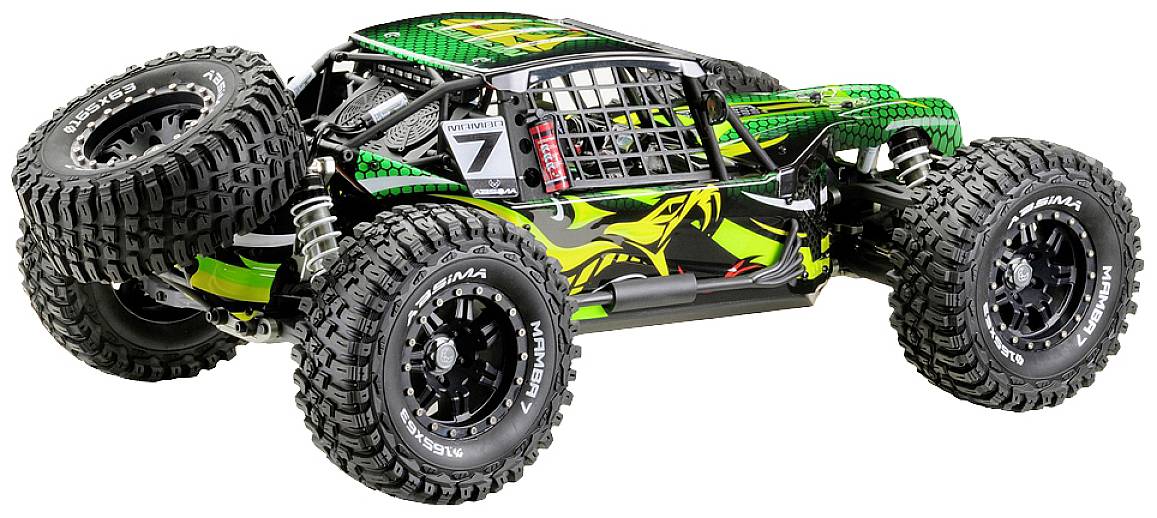 Zdalnie sterowane auto z dużymi, solidnymi oponami w zielono-czarnym kolorze stoi na stole, gotowe do jazdy.