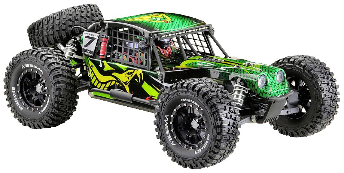 Zdalnie sterowany samochód z solidnymi, dużymi oponami i rzucającym się w oczy wzorem w kolorach zielonym i czarnym.