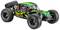 Zdalnie sterowany samochód z solidnymi, dużymi oponami i rzucającym się w oczy wzorem w kolorach zielonym i czarnym.