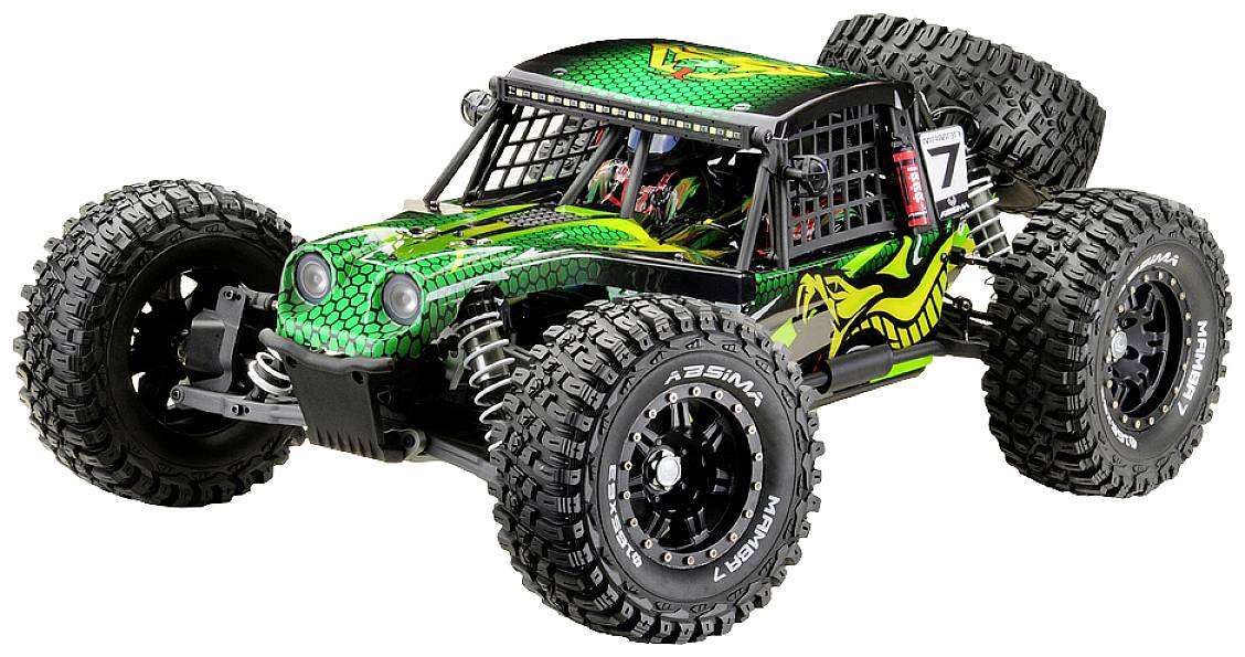 Zielony, zdalnie sterowany samochód terenowy z dużymi kołami, oznaczony numerem 7, stworzony do jazdy w trudnym terenie.