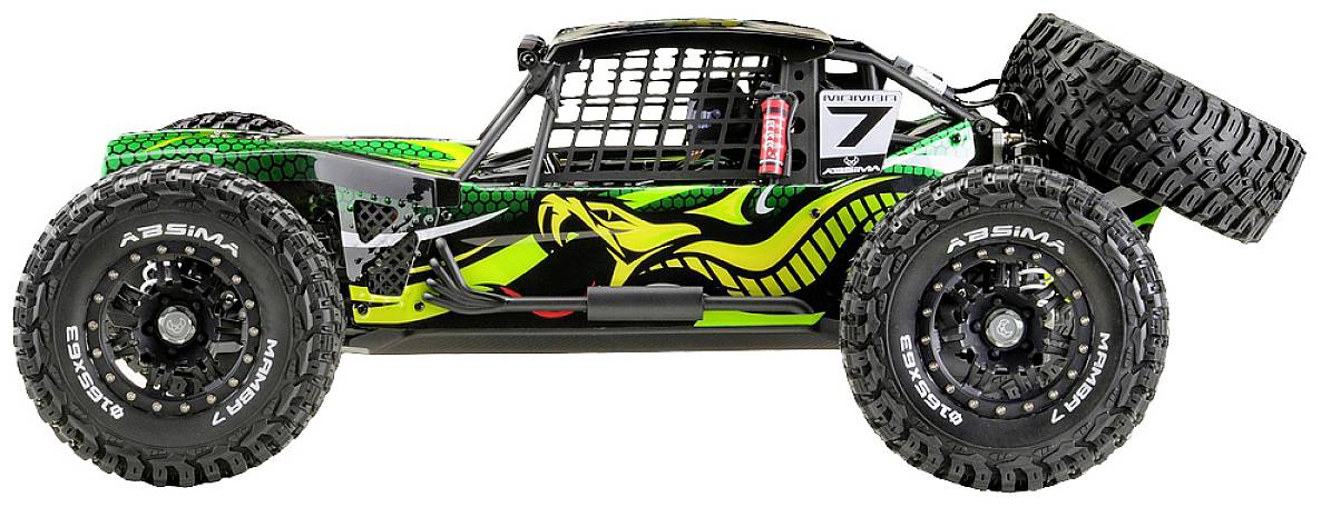 Zdalnie sterowany samochód w stylu buggy z rzucającym się w oczy zielonym wzorem węża i dużymi terenowymi oponami.