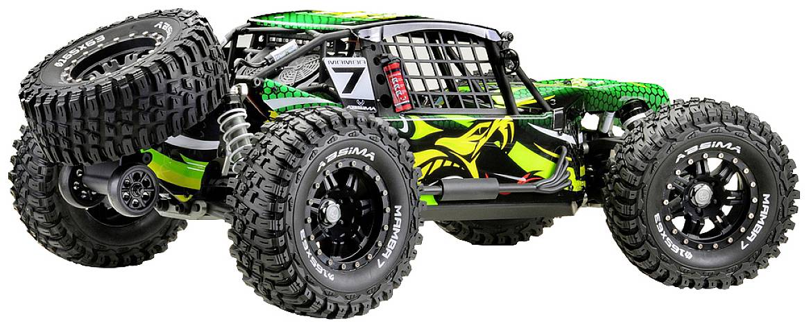 Zielony samochód zdalnie sterowany w stylu terenowym z dużymi, grubo bieżnikowanymi oponami; solidna konstrukcja do jazdy po trudnym terenie.