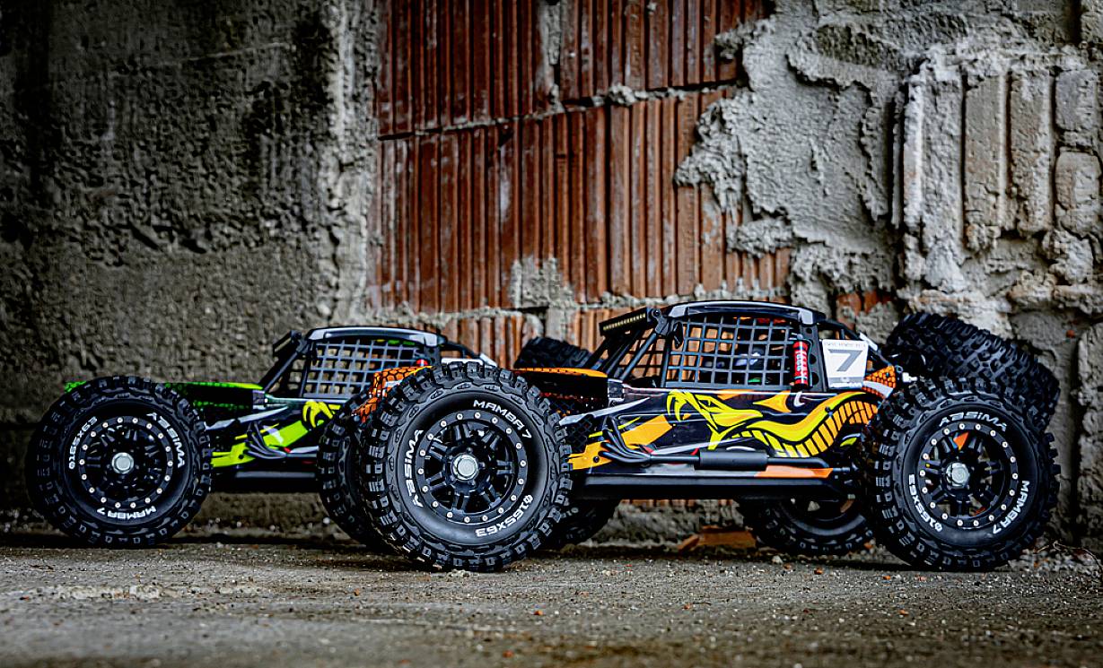 Dwa zdalnie sterowane pojazdy terenowe z rzucającymi się w oczy motywami węży stoją obok siebie na betonowej powierzchni przed ścianą z cegieł.