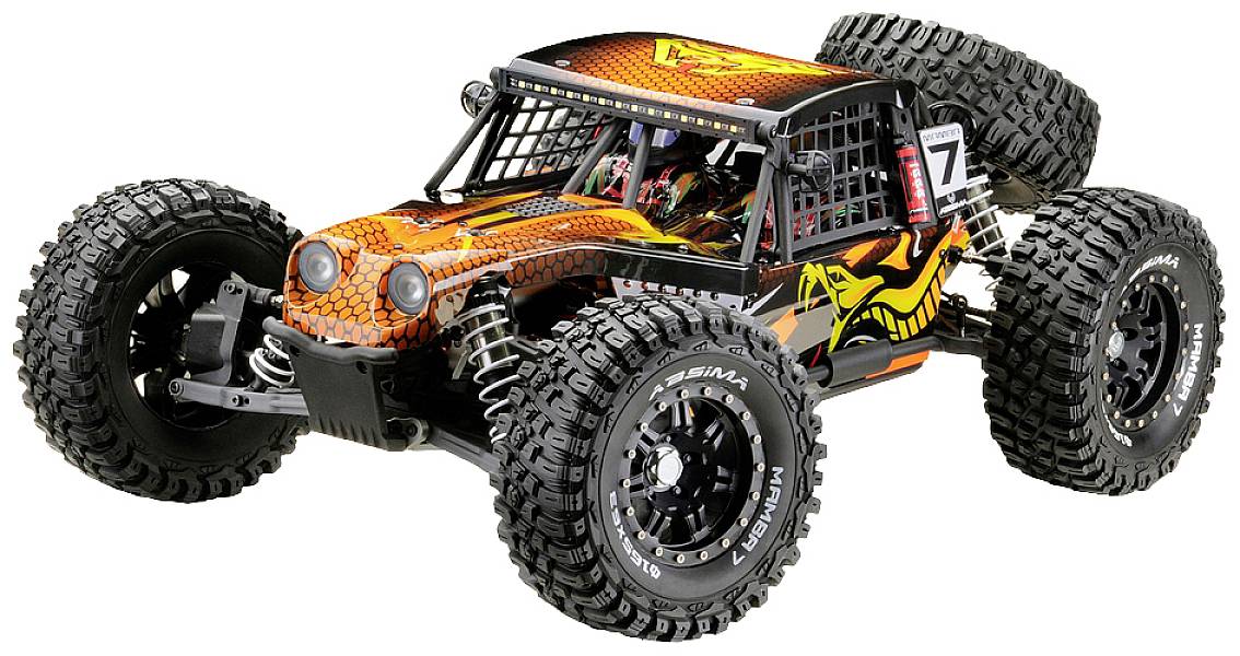Zdalnie sterowany samochód terenowy o wytrzymałej konstrukcji, z dużymi kołami i rzucającym się w oczy wzorem w kolorach pomarańczowo-czarnych. Idealny do jazdy po nierównym terenie.