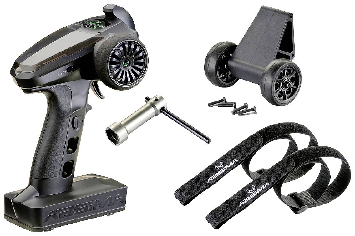 Zdalnie sterowana kontrola pistoletu Abisma, czarny design, z kołami zapasowymi, narzędziem metalowym i paskami rzepowymi.
