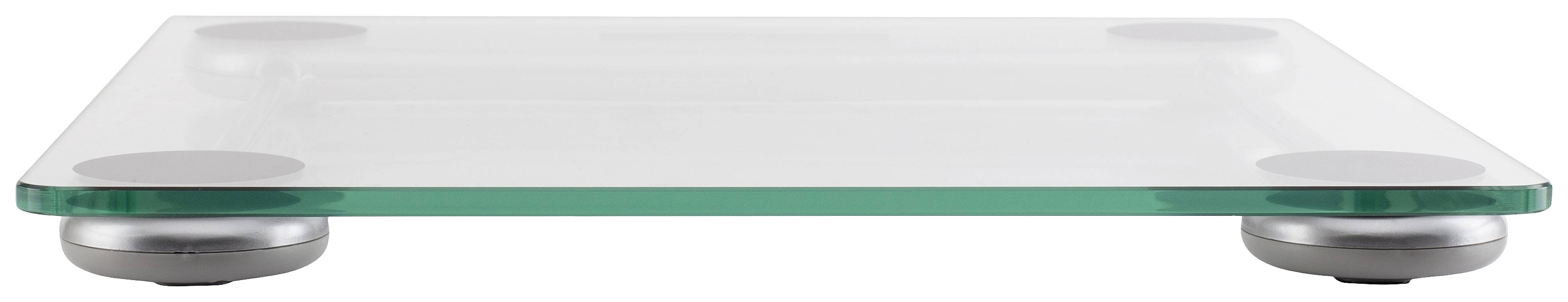 Płaska cyfrowa waga z szklaną powierzchnią i okrągłymi metalowymi stopkami, sfotografowana z boku na białym tle.