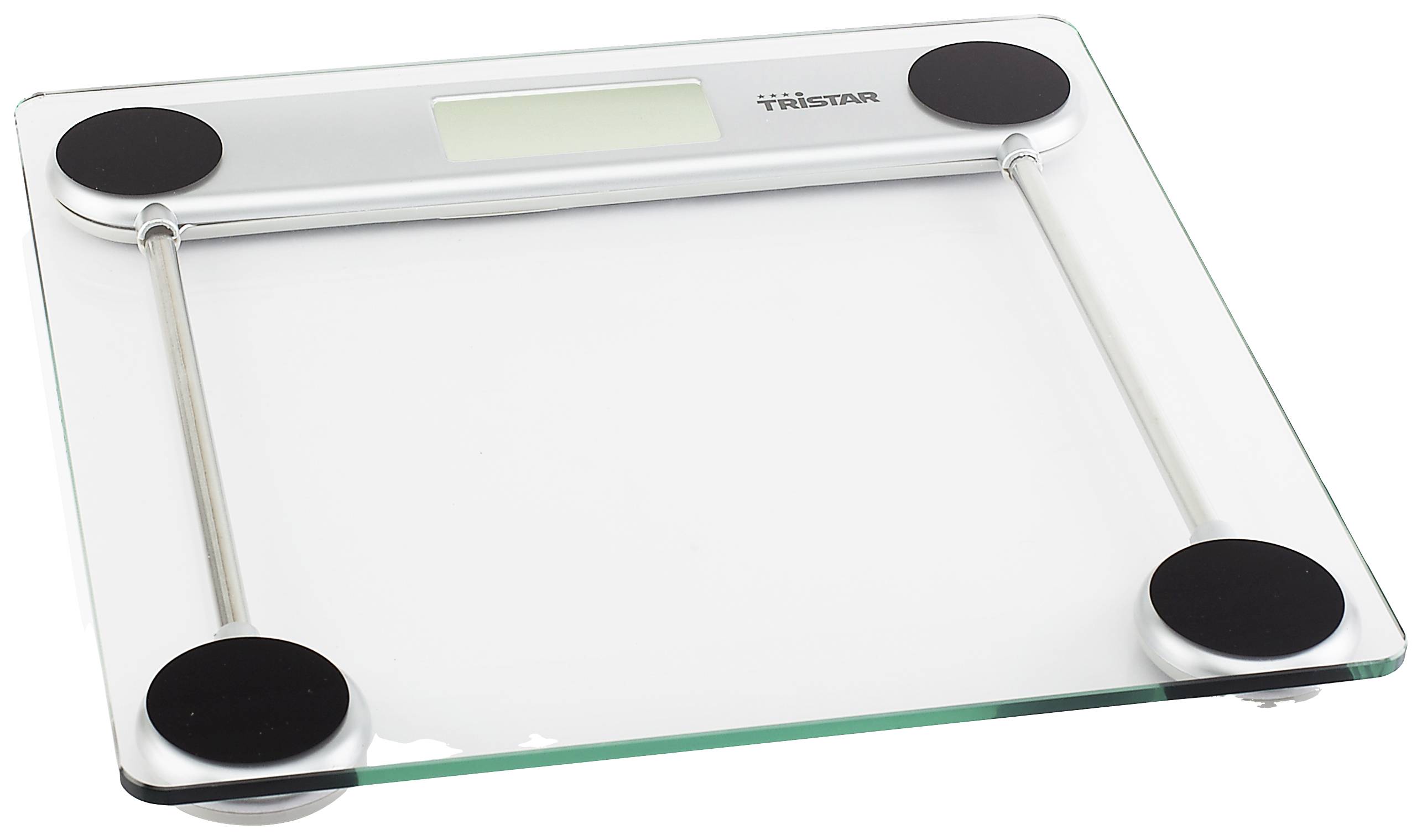 Cyfrowa waga szklana z czterema czarnymi czujnikami w rogach, srebrnymi słupkami i centralnym wyświetlaczem do pomiaru masy.