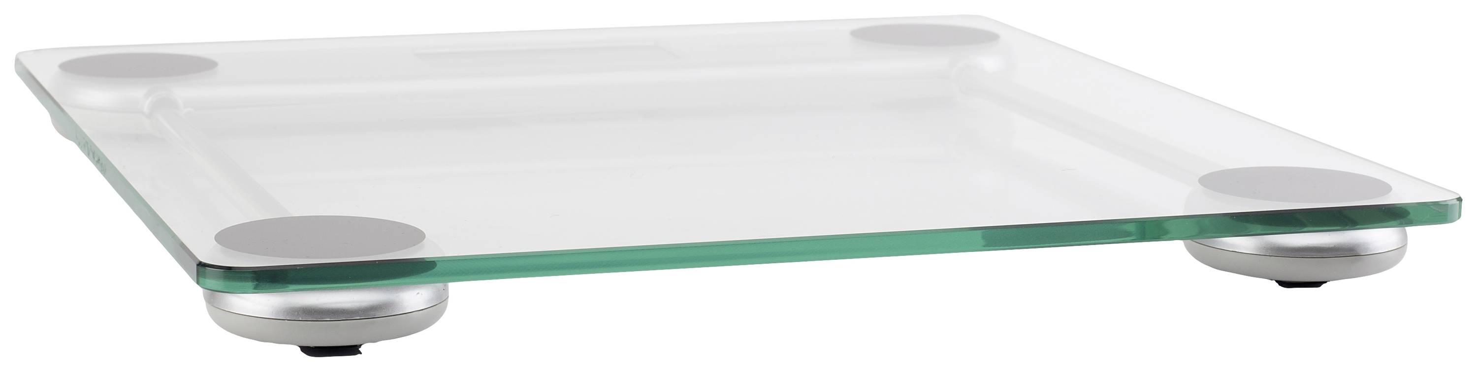 Szklana płyta denna z okrągłymi metalowymi narożnikami osadzona na czterech krótkich stopkach, odpowiednia do stabilizacji i dekoracji we współczesnych wnętrzach.