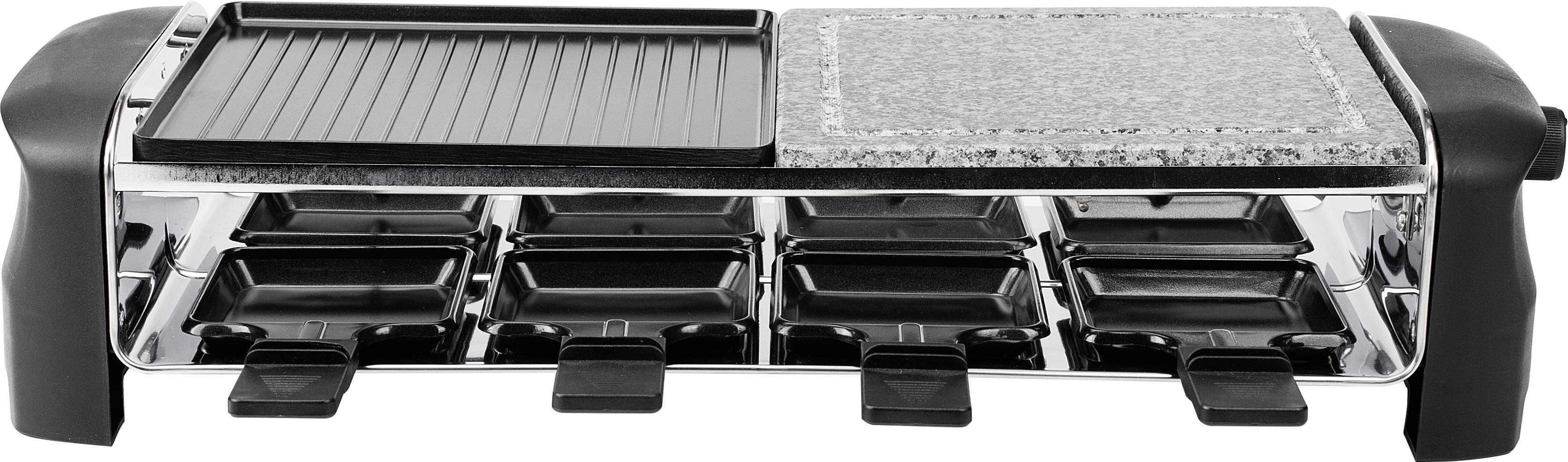 Grill raclette z ośmioma małymi patelkami, połączony z płytą grillową i kamienną płytą, idealny do wspólnego gotowania.