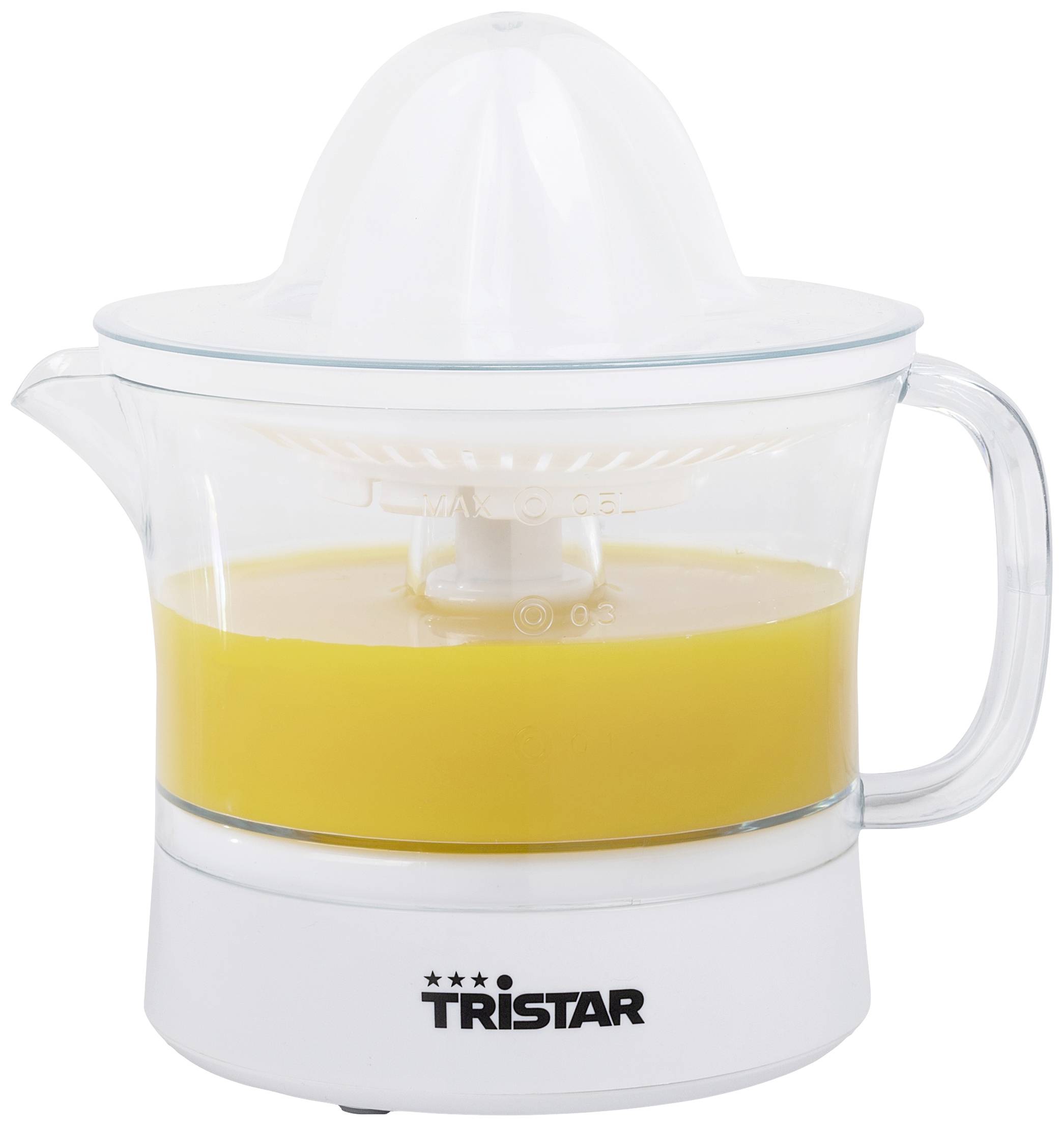 Elektryczna wyciskarka do cytrusów z przezroczystym pojemnikiem wypełnionym sokiem pomarańczowym lub cytrynowym. Widoczna marka 'Tristar' na spodzie.