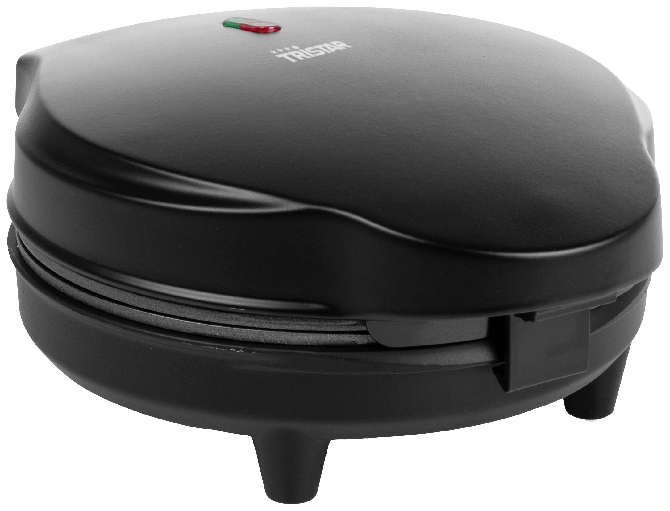 Czarny gofrownik z zamkniętą pokrywą, dwie lampki kontrolne na górze, stojący na stabilnych nóżkach.